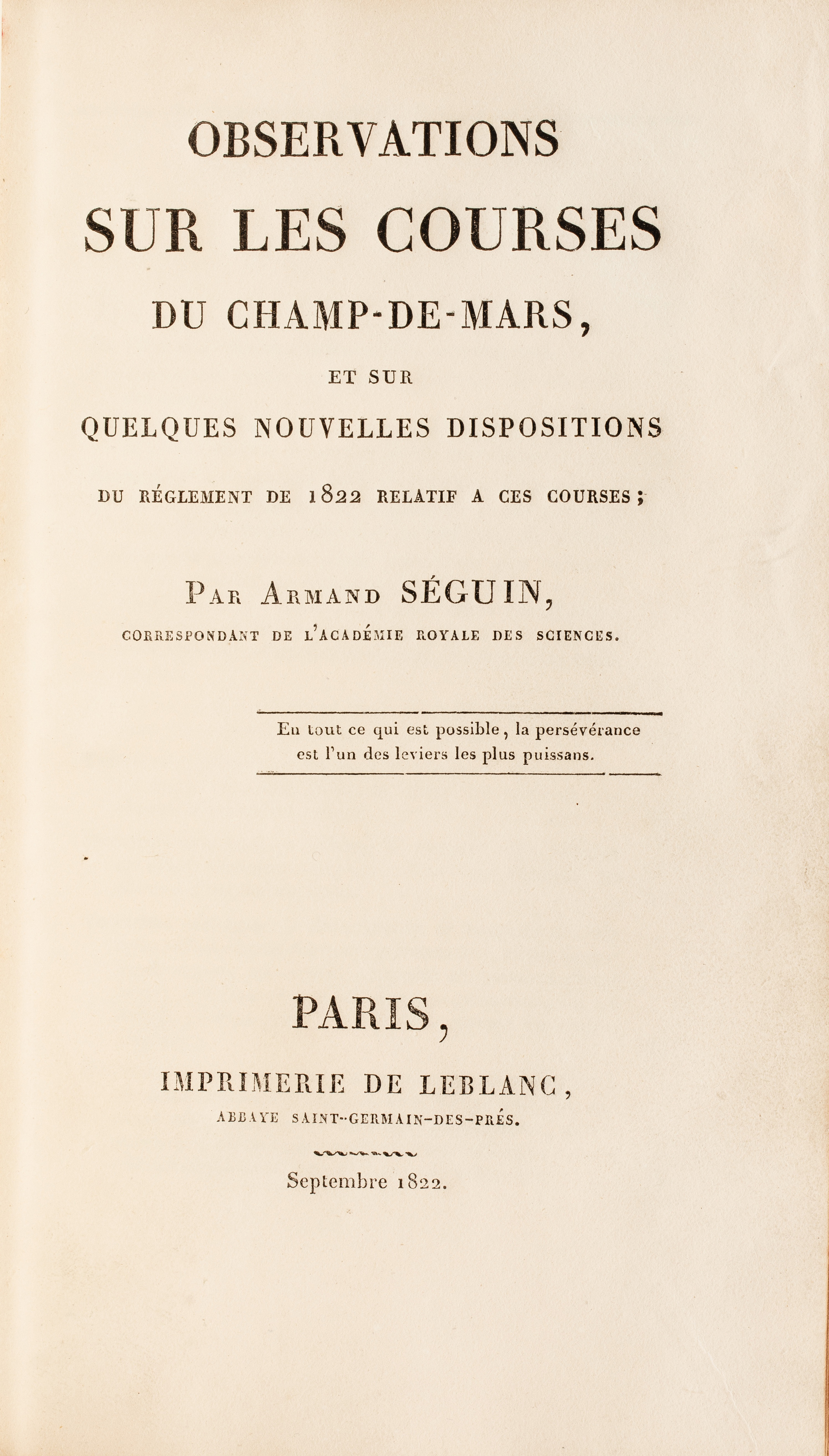 [Chevaux] ─ Armand Séguin Observations sur les courses du Champ-de-Mars. 1822. Reliure de Simier pou - Image 2 of 2