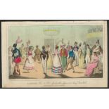 EARLY PRINT OF ALMACKS. TOM & BOB SPORTING THEIR FIGURES AT A FANCY DRESS BALL BY W. HEATH (1822)