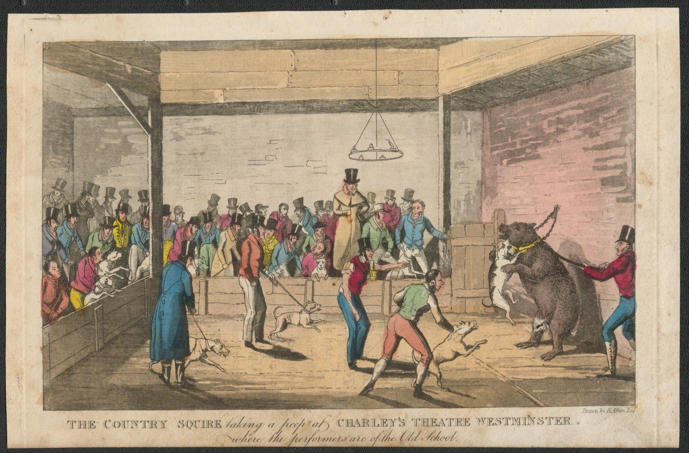 EARLY PRINT OF THE COUNTRY SQUIRE TAKING A PEEP AT CHARLEY'S THEATRE, WESTMINSTER BY H. ALKEN (1821)