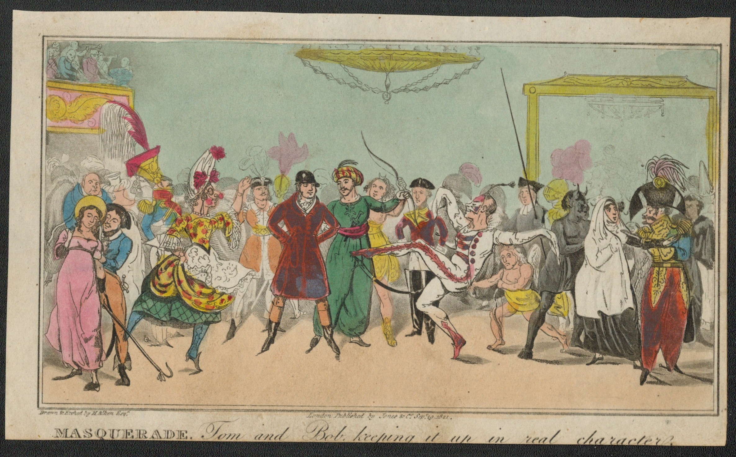 EARLY PRINT OF MASQUERADE. TOM AAND BOB KEEPING IT UP IN REAL CHARACTERS BY H. ALKEN (1821)