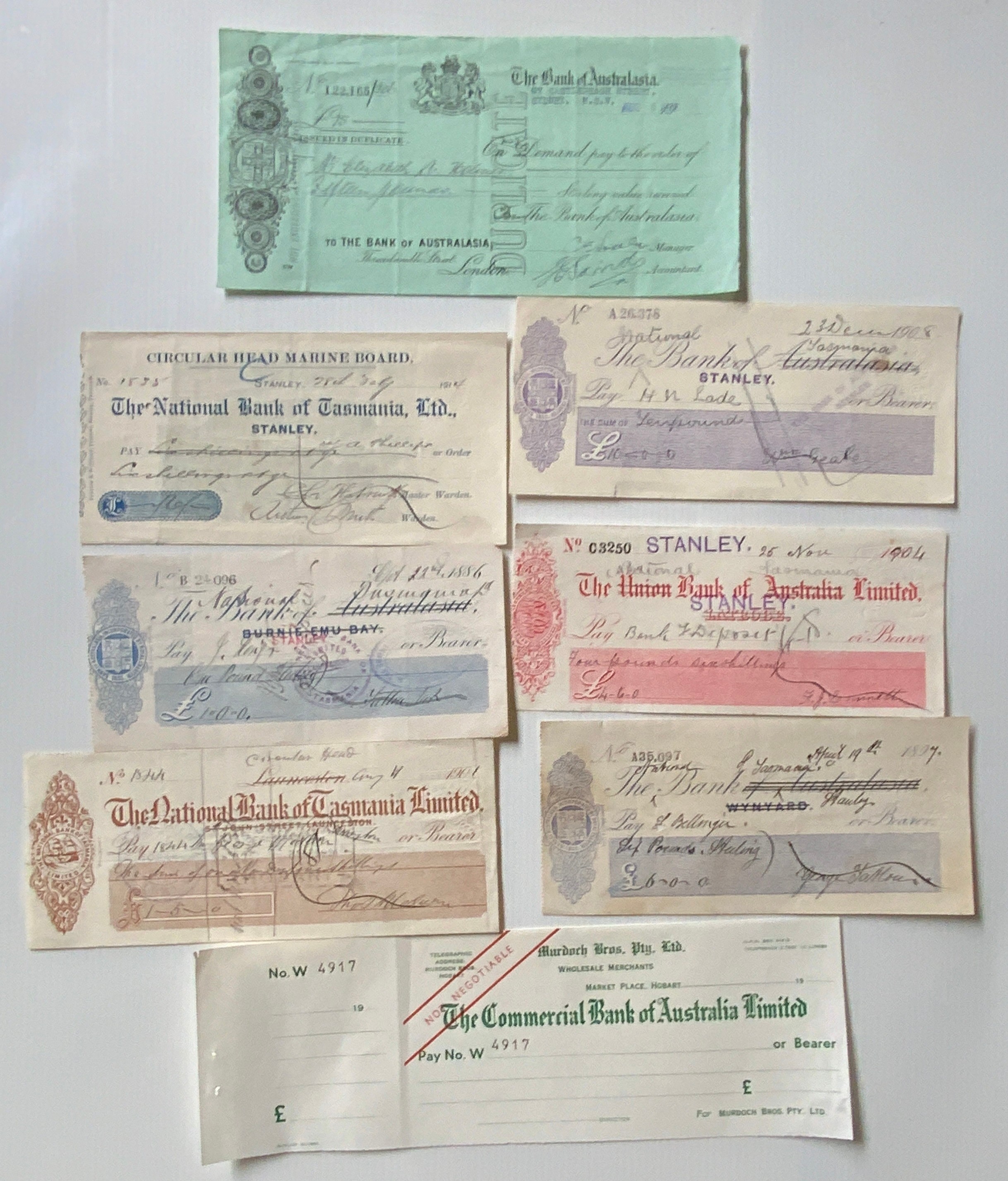 CHEQUES FROM AUSTRALIA & TASMANIA (8) FROM 1886