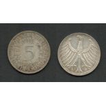 TWO SILVER GERMAN 5 DEUTSCHE MARK COINS