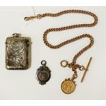 22CT GOLD FULL SOVEREIGN CIRCA 1912 ON A 9CT GOLD ALBERT CHAIN WITH A SILVER VESTA CASE WITH