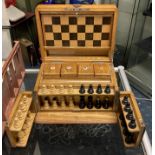 WOODEN GAMES COMPENDIUM - CHESS, DRAUGHTS ETC IN A LOCKABLE BOX A/F