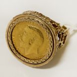 1915 HALF SOVEREIGN RING - 9 CT. GOLD - 11.1 GRAMS