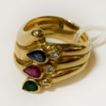 18CT GOLD RUBY, SAPPHIRE, EMERALD & DIAMOND RING - SIZE M-N - 11.2 GRAMS APPROX