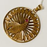 HIGH CARAT GOLD INDIAN PEACOCK PENDANT WITH A RUBY EYE - 7.6 GRAMS APPROX
