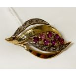 9CT GOLD RUBY & DIAMOND BROOCH - 4 GRAMS APPROX