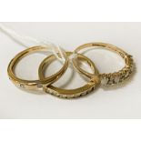 3 9CT GOLD RINGS - SIZES M / N / O - 4.3 GRAMS APPROX