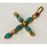 18CT GOLD TURQUOISE & DIAMOND PENDANT CROSS - 1.7 GRAMS APPROX