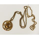 9CT GOLD ROPE CHAIN WITH A 9CT GOLD CAPRICORN PENDANT - 10.6 GRAMS APPROX