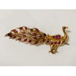 GOLD RUBY SET PEACOCK BROOCH - 7.1 GRAMS APPROX