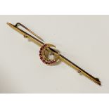 GOLD RUBY & DIAMOND CRESENT MOON BAR BROOCH