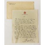 FACSIMILE HAND WRITTEN LETTER BY KING GEORGE V ON THE REVERSE OF 2ND LIEUTENANT JAMES CHAMBERS (