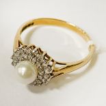 9CT GOLD DIAMOND & PEARL RING - SIZE P / Q - 2.4 GRAMS APPROX