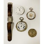 2 H/M SILVER POCKET WATCHES & 2 POCKET WATCH FACES 1 IN BRAILLE A/F & VINTAGE WATCH