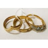 3 9CT GOLD DIAMOND & AQUAMARINE RINGS - SIZES R & N