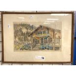 GEORGE ANDREWS FRAMED WATERCOLOUR LOG CABIN 37CMS (H) X 51.5CMS (W) APPROX