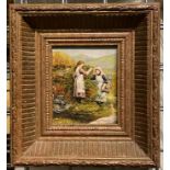 OIL ON CERAMIC ''BERRY PICKERS'' - PAINTING FRAMED 29CMS (H) X 26CMS (W) APPROX