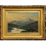 SCOTTISH SCHOOL OIL ON CANVAS - MOUNTAIN LANDSCAPE - CHARLES E LUTON - LABEL O BACK 29.5CM X 19CM