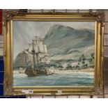 OIL ON BOARD FRAMED DEPICTION OF HMS BOUNTY COMING TO SHORE - SIGNED HUTCHINGS. 84 - 50CMS (H) X