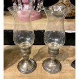 PAIR OF SILVER & GLASS HURRICANE LAMPS 26.5CMS APPROX
