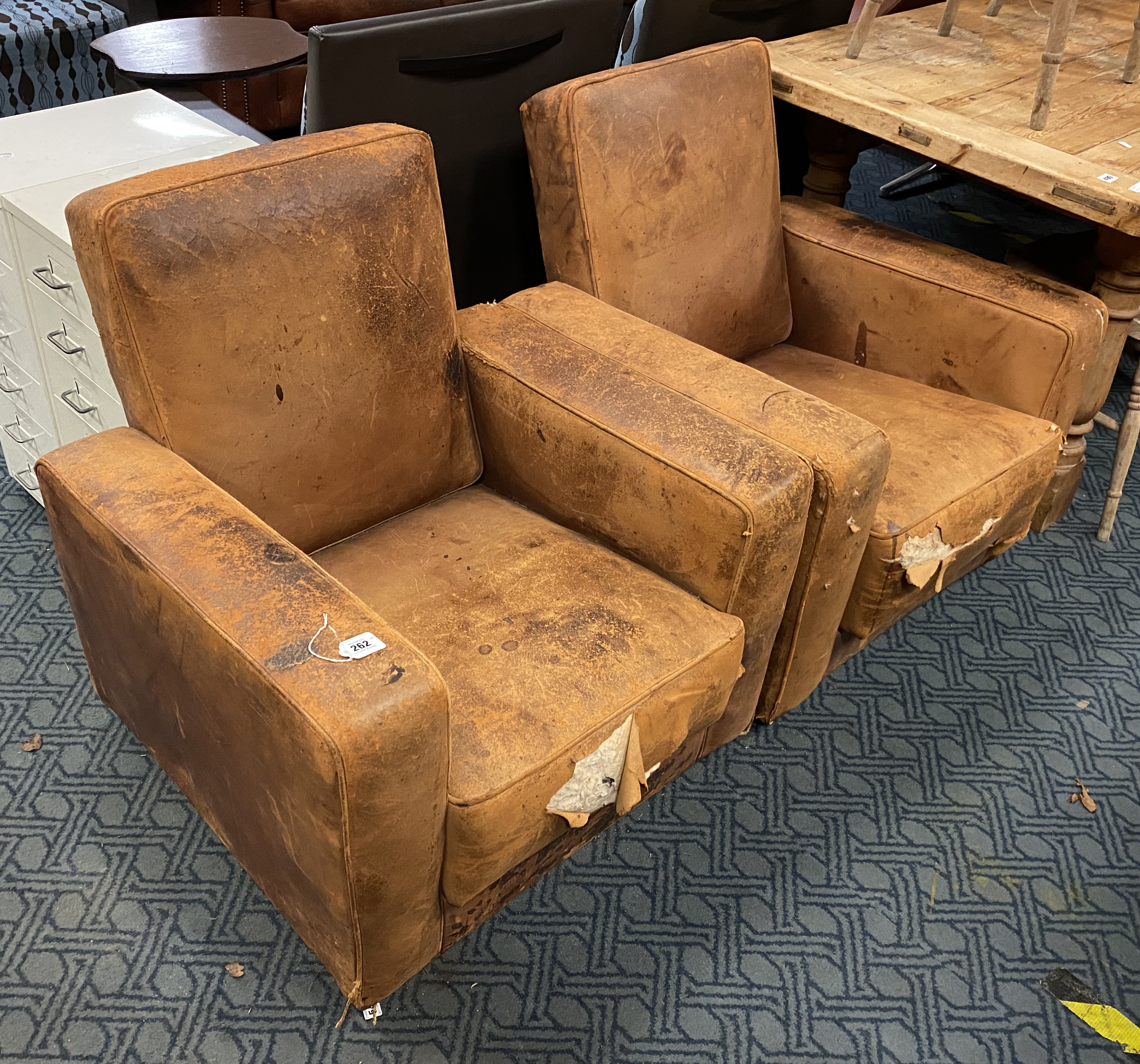 PAIR OF 1940'S LEATHER RECLINING ARMCHAIRS A/F