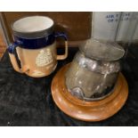 SILVER PLATE HORSE INKWELL & 3 HANDLED MUG