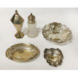 800 GRADE SILVER PIN DISH WITH A MAPPIN & WEBB PIN DISH & ANOTHER WITH SILVER PEPPER POTS 14OZ
