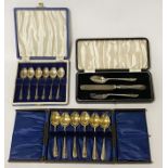 TWO HM SETS OF SILVER TEAPOONS WITH SET OF BIRMINGHAM CUTLERY 6OZS APPROX