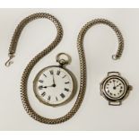 SILVER FOB WATCH WITH A CHAIN & A SILVER & ENAMELLED FRENCH WATCH