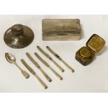 HM SILVER CIGARETTE BOX, HM SILVER INKWELL, HM SILVER HANDLED KNIVES & HM SILVER SPOON & AN INKWELL