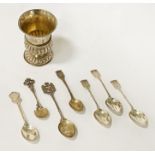 TRAY OF HM SILVER TEASPOONS WITH A SILVER CUP 5.6OZS APPROX