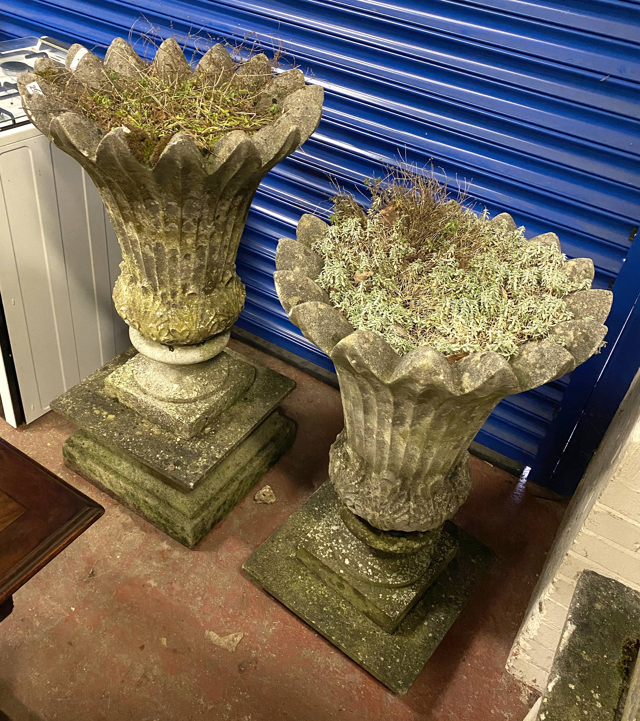 PAIR OF LARGE CONCRETE PLANTERS ON PLINTHS