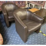PAIR OF BROWN LEATHER BUCKET CHAIRS