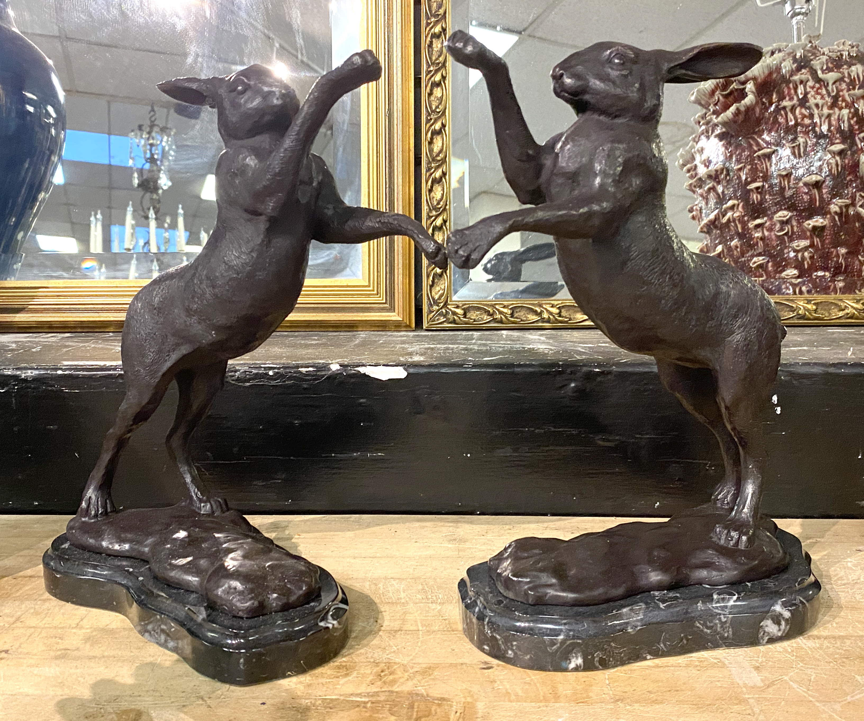 PAIR OF BRONZE HARES 30CMS (H) APPROX