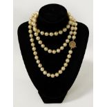 FAUX PEARL NECKLACE WITH 14 CARAT GOLD CLASP - 40'' LENGTH