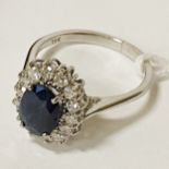 18 CARAT DIAMOND & SAPPHIRE HALO RING SIZE O 4.5 GRAMS APPROX