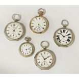 FOUR SILVER POCKET WATCHES & A GOLD PLATED POCKET WATCH