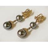 14CT GOLD & DIAMOND BLACK PEARL DROP EARRINGS - 19 GRAMS APPROX TOTAL