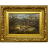 WILLIAM FORD (1823-1884) GILT FRAMED OIL ON CANVAS - CATTLE AT A CLEARING NEAR MOUNT