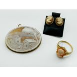 9CT GOLD CAMEO PENDANT RING AND EARRINGS