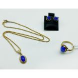 9CT GOLD CABOCHON GEMSTONE EARRINGS, PENDANT AND CHAIN (BLUE)