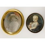 TWO HAND PAINTED MINIATURES - 1 OF YOUNG LADY & 1 PICTURE OF BABY NAPOLEON - 15 X 13 CMS & 11.5 X 10