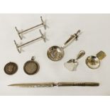 INTERESTING ITEMS LOT INCLUDING SILVER MEDAL, PERPETUAL CALENDAR ON LETTER OPENER