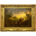 OIL ON CANVAS - SUNSET, CART HORSES DRINKING AT A STREAM BY FOLLOWER OF THOMAS GUINSBOROUGH