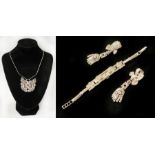 STUNNING WHITE GOLD JEWELLERY SET WITH DIAMOND ENCRUSTED BROOCH PENDANT & MATCHING DROP EARRINGS