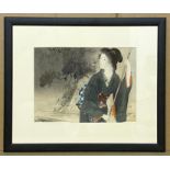 A JAPANESE WOODBLOCK PRINT OF A GIRL HOLDING A BRANCH OF BAMBOO, JUXTAPOSED AGAINST A PINE TREE