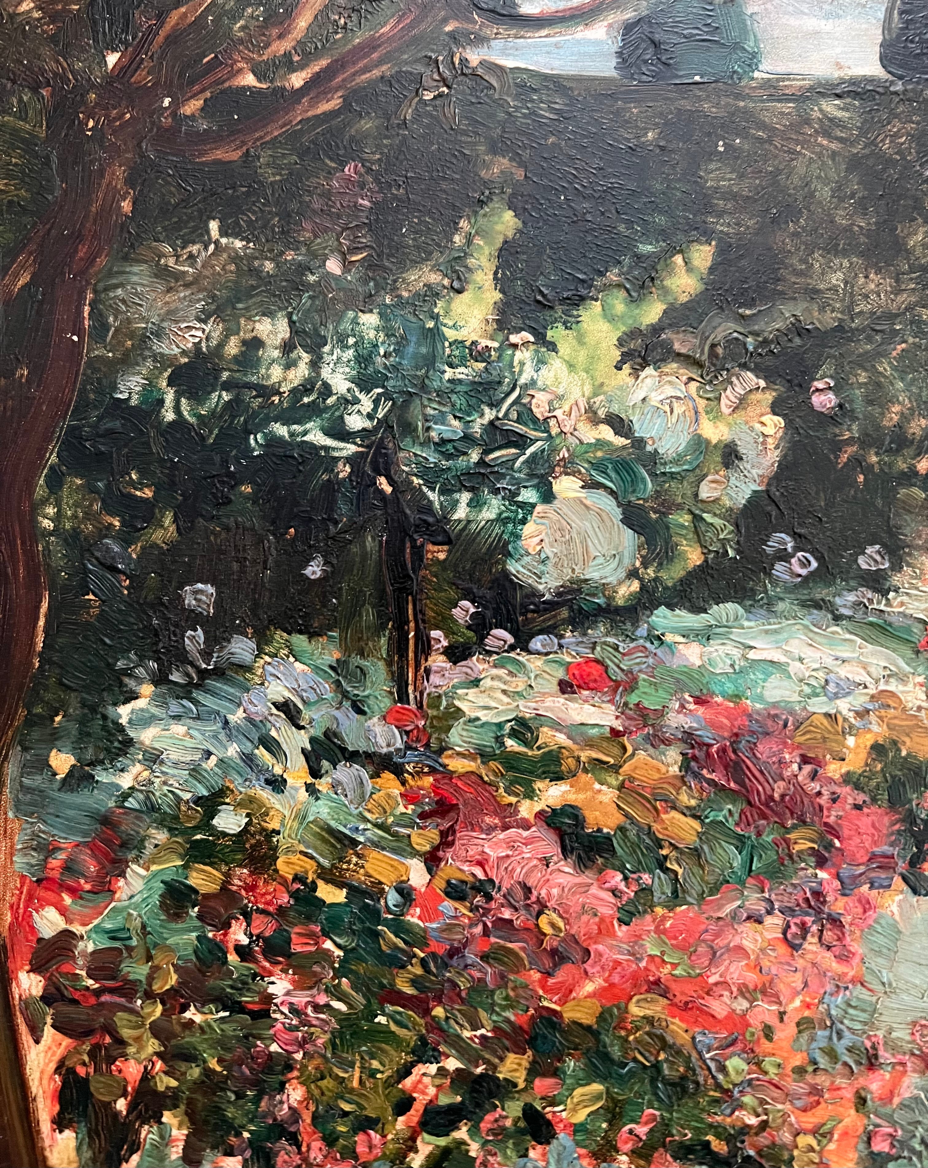 Claudius Denis (1878-1947). Oil on panel. “A Garden Scene”. Signed. - Image 3 of 4