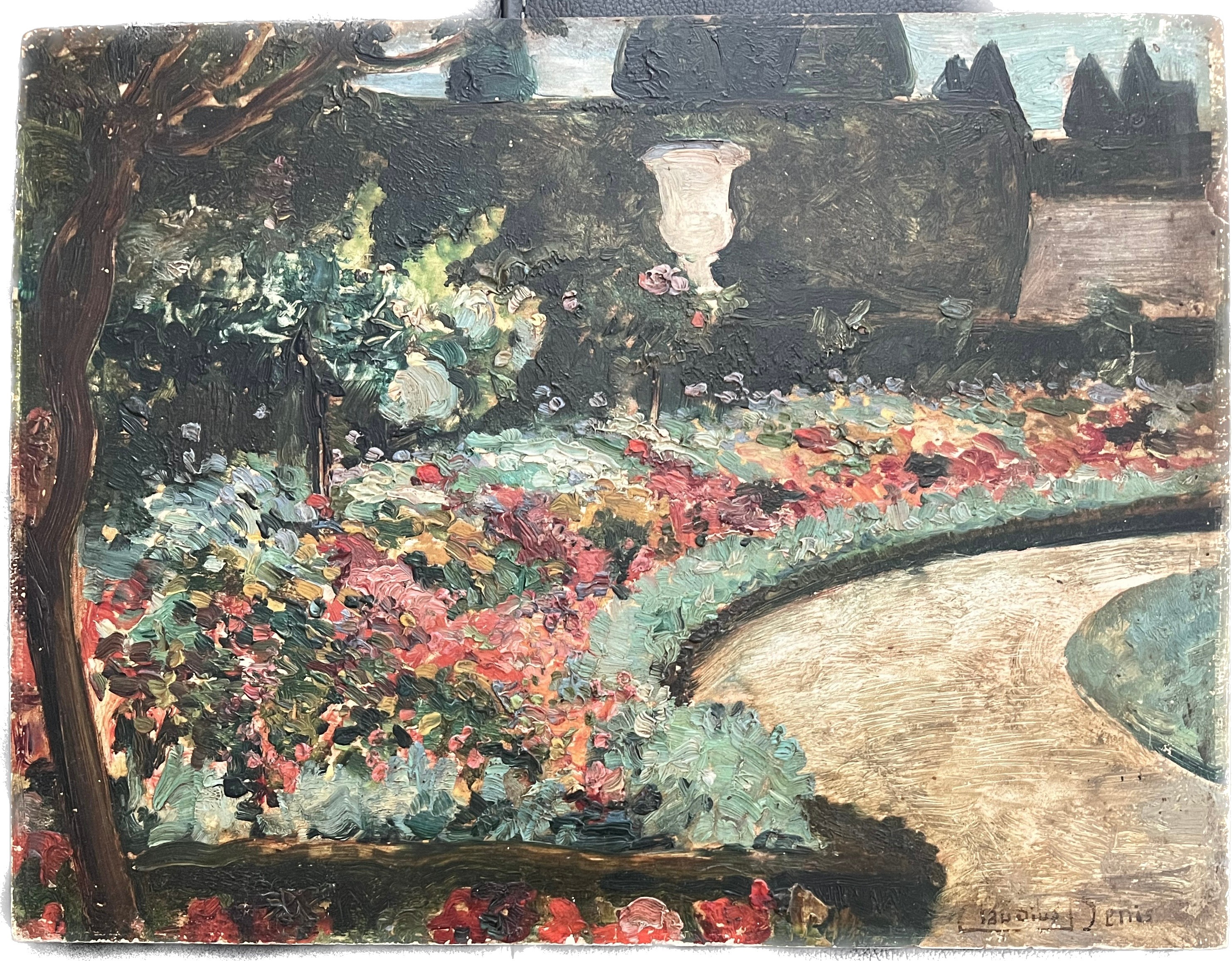 Claudius Denis (1878-1947). Oil on panel. “A Garden Scene”. Signed.